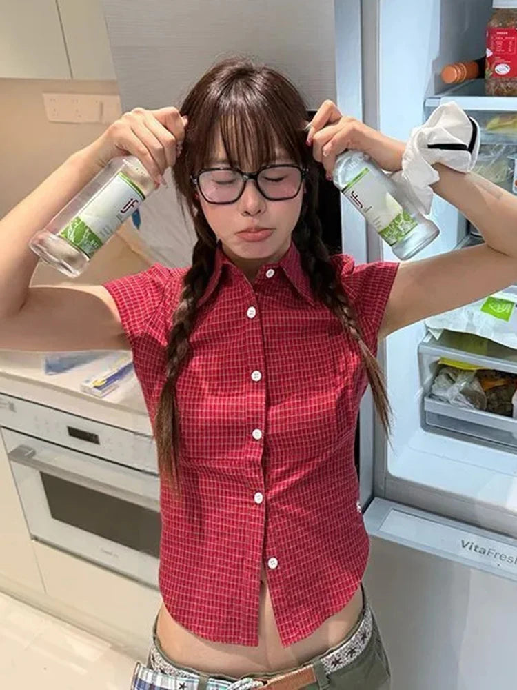 Lunivop Pure Cotton Red Plaid Shirt Women Slim Sexy Cropped Short Sleeve Y2K Blouse Vintage American Streetwear Female Summer Tops