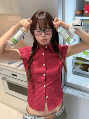 Lunivop Pure Cotton Red Plaid Shirt Women Slim Sexy Cropped Short Sleeve Y2K Blouse Vintage American Streetwear Female Summer Tops