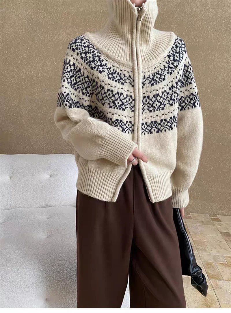 Lunivop Women Fair Isle Sweater Zipper Front Collared Zip-up Sweater Knit Jacket Cozy Knitwear Teen-girl Fall Winter Vintage Outfit