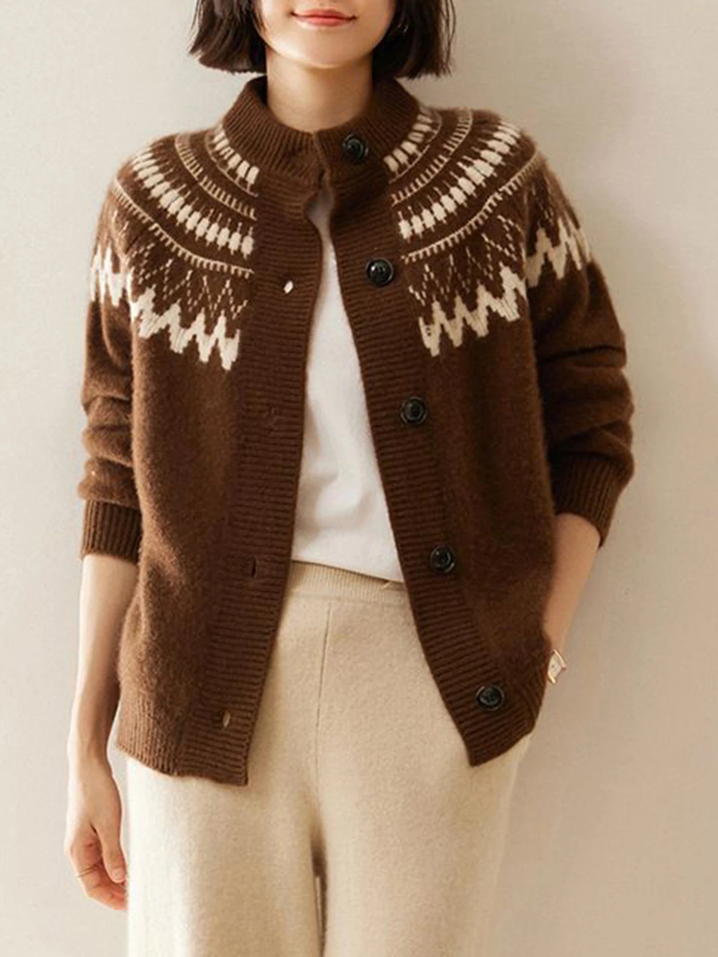 Lunivop Fair Isle Knit Sweater Cardigan Women Cozy Stand Collar Button Front Sweater Jacket Teen-Girl Fall Winter Vintage Chic Outfit