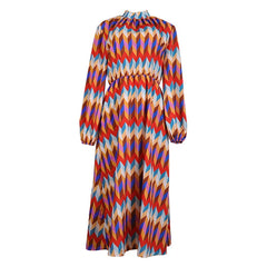 Lunivop   Fashion Women Geometric Prints Long Party Dress Summer Stand Neck Full Sleeves Charming Lady Mid-Calf Length Sundress