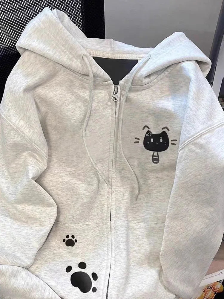 Lunivop Cartoon Print Cute Hoodies Women Vintage Long Sleeve Loose Kawaii Sweatshirt Japan Retro Casual Pockets Female Gray Y2K Tops New