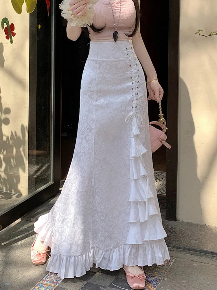 Lunivop  Print Vintage Long Skirt Women Casual Ruffles England Sweet Trumpet Skirts Retro Lace Up Elegant Female Design Long Skirt