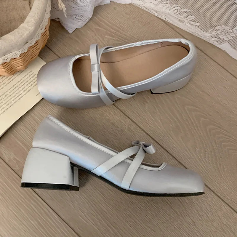 Lunivop Women Chunky Heel Shoes New Fashion Bowknot Strap Mid Heels Women Mary Jane Shoes Dress Shallow Mouth Ladies Ballet Shoes