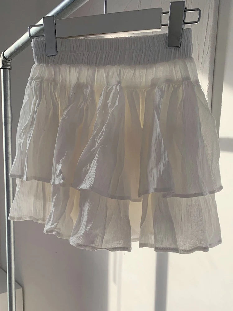 Lunivop White Skirt Chic French Cake Layered Cute Hemline High Waist Elastic Double Pleated Waist Slimming Mini Skirt Korean Style Y2k