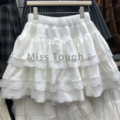 Lunivop Autumn Winter Sweet Solid Elastic Waist Skirt Women Elegant Chic Lace  High Waist Short Skirt Female Design Cute Cake Skirt New