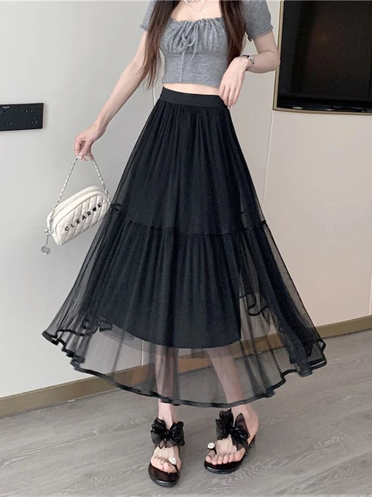 Lunivop Elegant Tulle Midi Skirt Women Sweet High Waist Mesh Pleated Skirts Korean Fashion Loose Cute Solid Casual A Line Skirt New