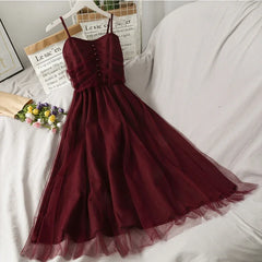 Lunivop  Chic Fashion Women Summer Elegant Temperament High Waist Slim Gauze Camisole Dresses Vintage All Match Solid