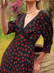 Lunivop  Retro French Style Spliced Lace Deep V neck Black Red Flower Print Women Midi Dress Puff Sleeve Tea Dresses Holiday Robe