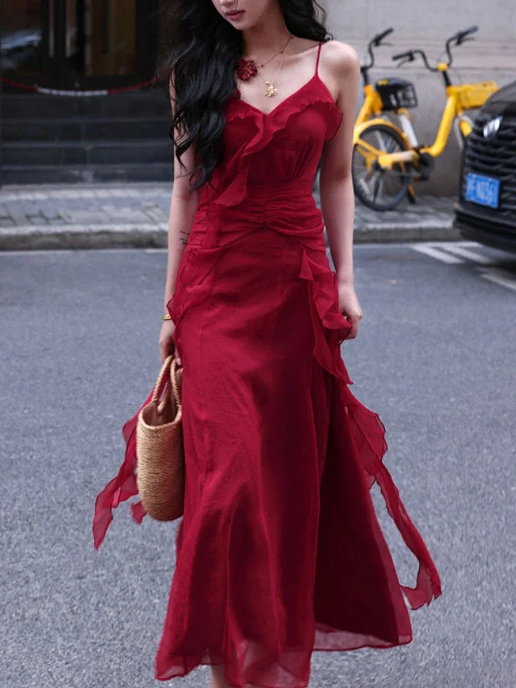 Lunivop  Red Vintage Elegant Midi Strap Dress Women Ruffles Design Causal Korean Fairy Dress Female Autumn Strapless Party Dress Y2k
