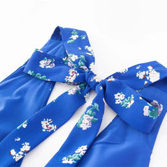 Lunivop  Sexy Blue with White Floral Print Tie Bow Halter Sling Dress Summer Woman Backless Slim Waist Midi Long Dresses Robe Holiday