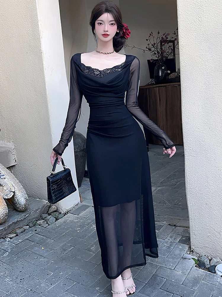 Lunivop  Women Blue Mesh Patchwork Lace Square Collar Long Dress Summer Elegant Casual Dress with Long Sleeve Korean Bodycon Dresses