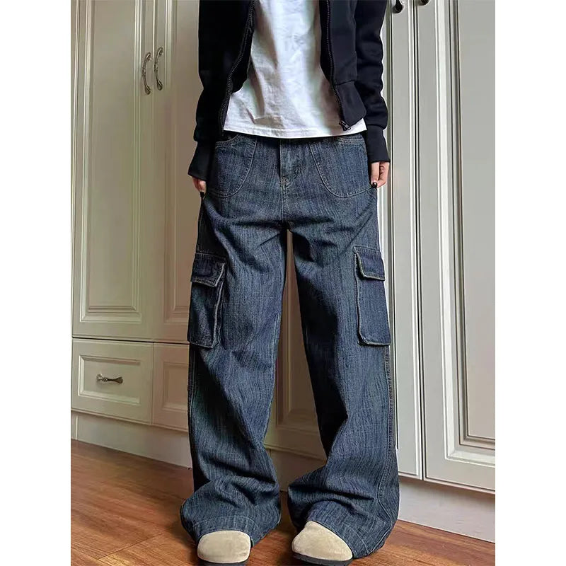 Lunivop Blue Womens Jeans High Waist Vintage Design Hip Hop Straight Baggy Denim Pants Street Y2K American Style Wide Leg Denim Trouser