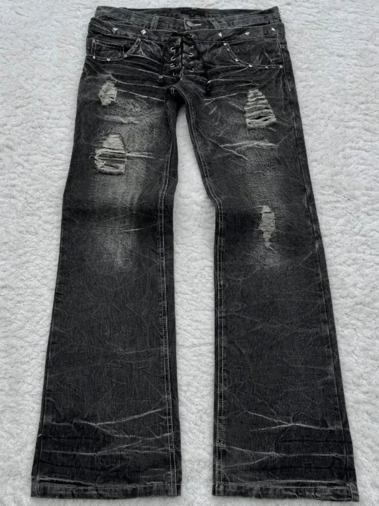 Lunivop Vintage Double Waisted Lace Up Micro Women Flared Jeans Y2K Washed Wide Leg American Style Denim Pants Baggy Streetwear