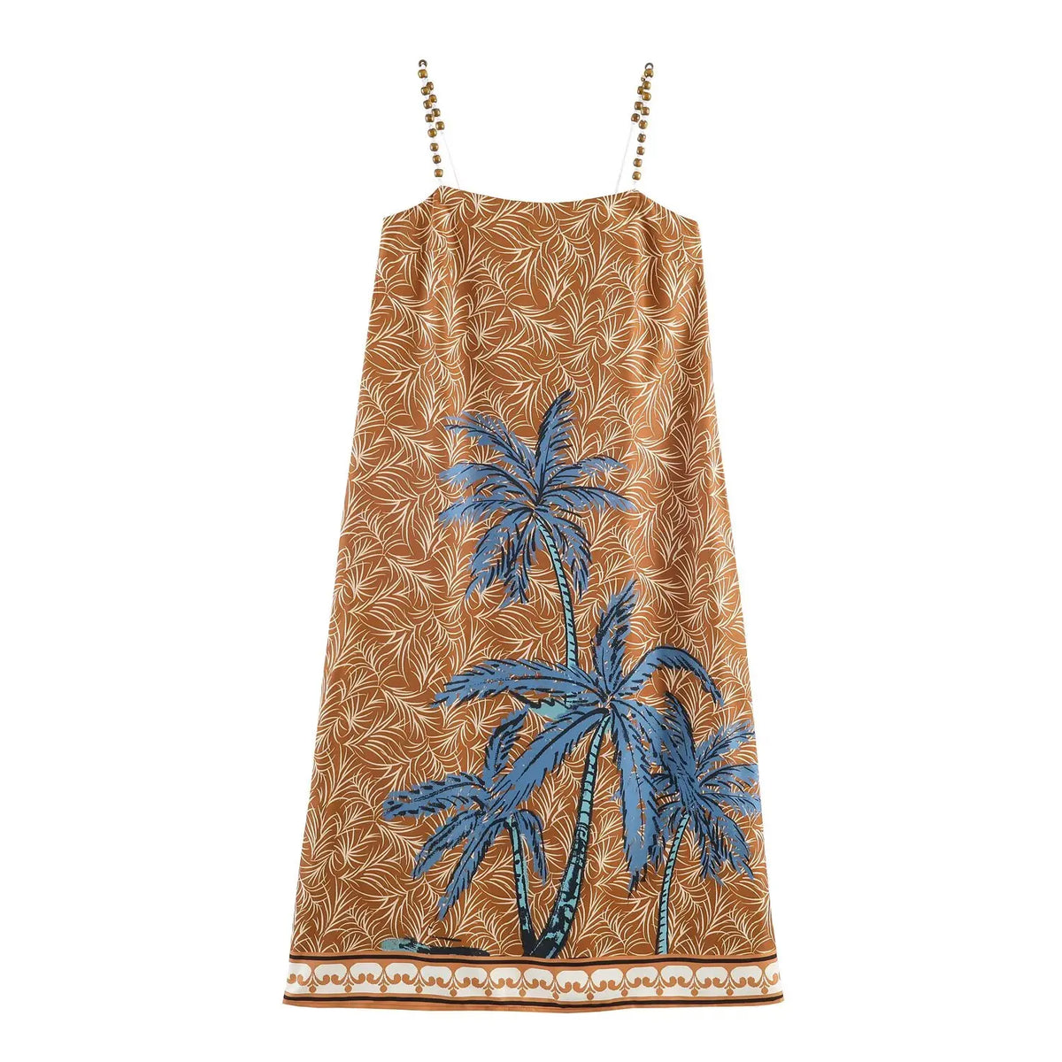 Lunivop  Holiday Orange Floral Tree Print Slash Collar Beading Strap Sling Mini Dress Women Loose Straight Dresses Femme Vestidos Robe