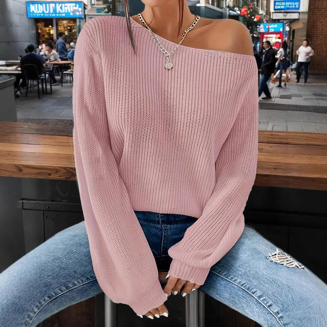 Lunivop  Women's Winter Clothing Off Shoulder Loose Fit Long Sleeve Solid Color Ribbed Crew Neck Sweater Women's Cheap Clothing Free