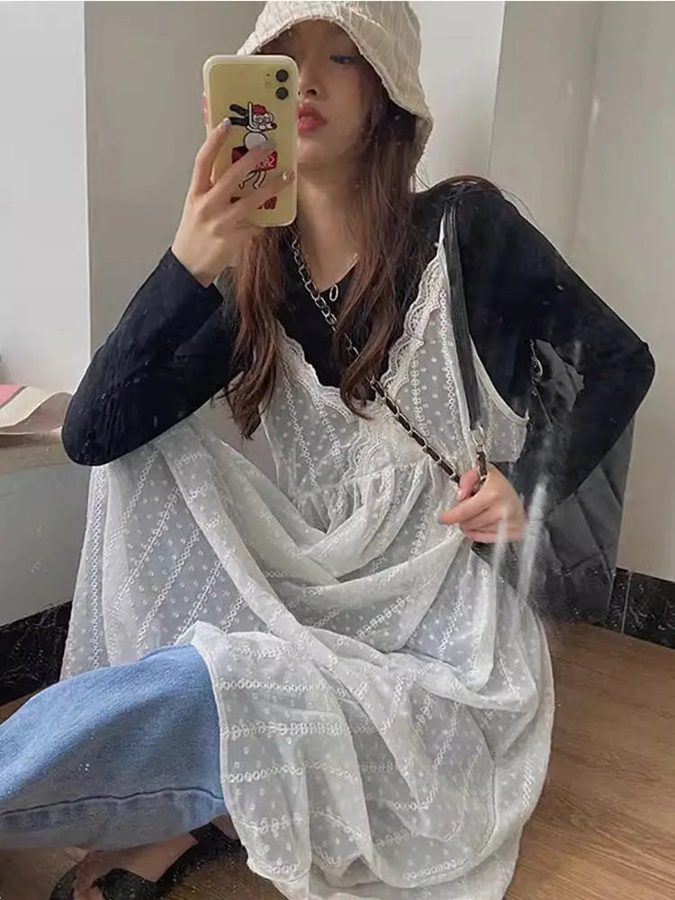 Lunivop  Fashion All-match Lace Camisole Dress for Women 2025 Summer New Mesh Vest Dresses Y2k Mid-length Loose Vestidos De Mujer
