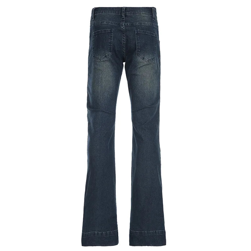 Lunivop  American Street Style Deep Blue Jeans for Women Vintage Washed Denim Pants Spring Autumn Casual Straight Wide Leg Pants