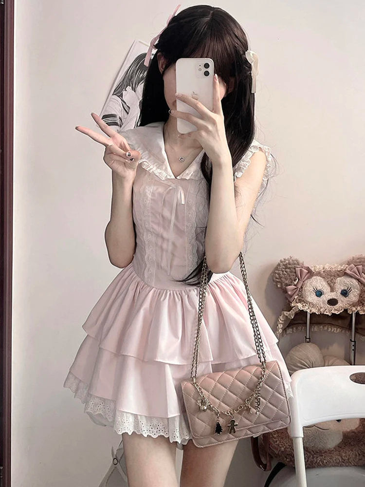 Lunivop  Sweet Slim Pink Dress Women Cute Preppy Style Sailor Collar Mini Dress Casual Retro Japan Lace Patchwork Kawaii Cake Dress