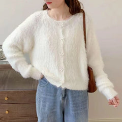 Lunivop Flower Button Fuzzy Knit Sweater Cardigan Warm Fluffy Button-up Crop Sweater Jacket Knitwear Teen-girl Fall Winter Cute Outfit