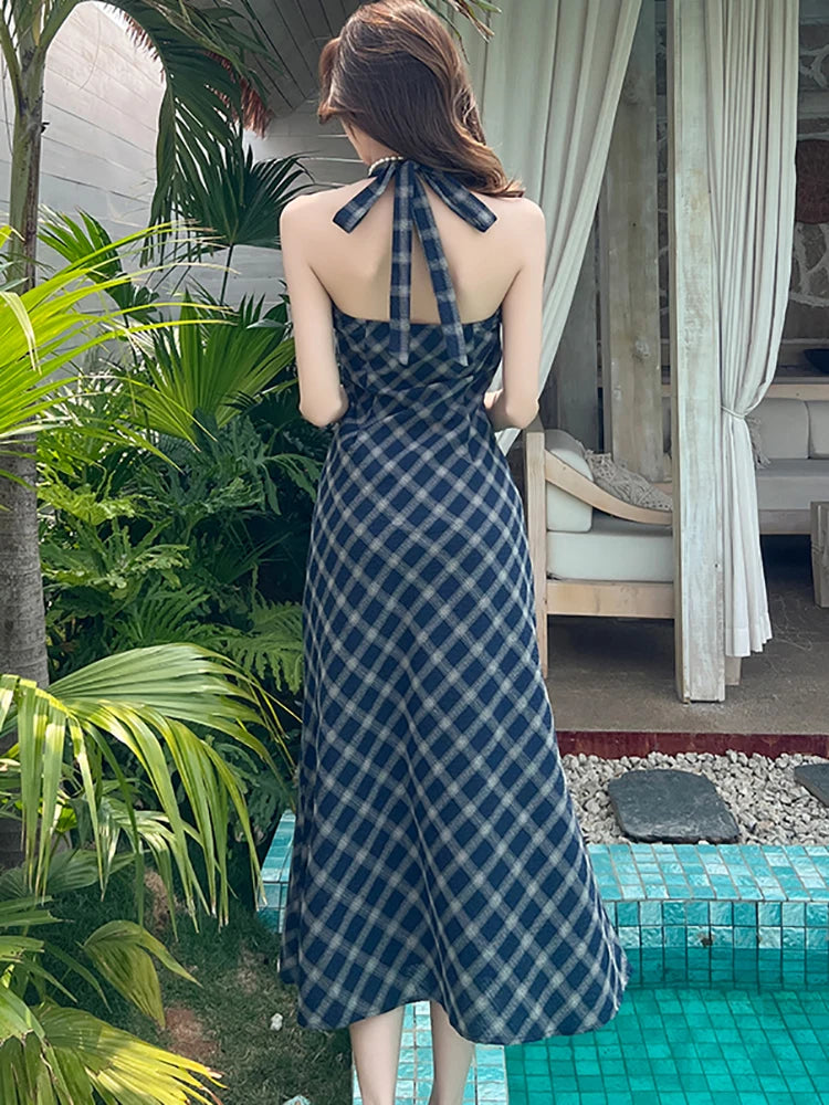 Lunivop  Women Blue Plaid Chic Bow Neck-mounted Long Dress Summer Elegant Casual A-Line Dress Korean Vintage Luxury Evening Dresses