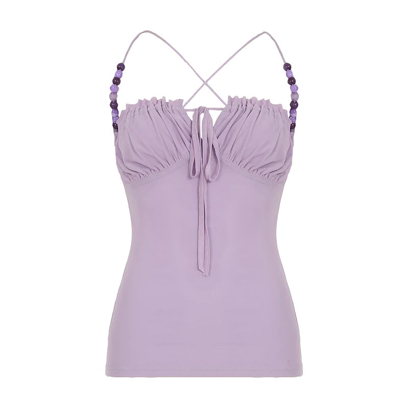 Lunivop  Elegant Solid Folds Camis Vintage 2000s Skinny Strap Crop Tops Women Holiday Style Transparent Mesh Tees Ladies y2k Vest
