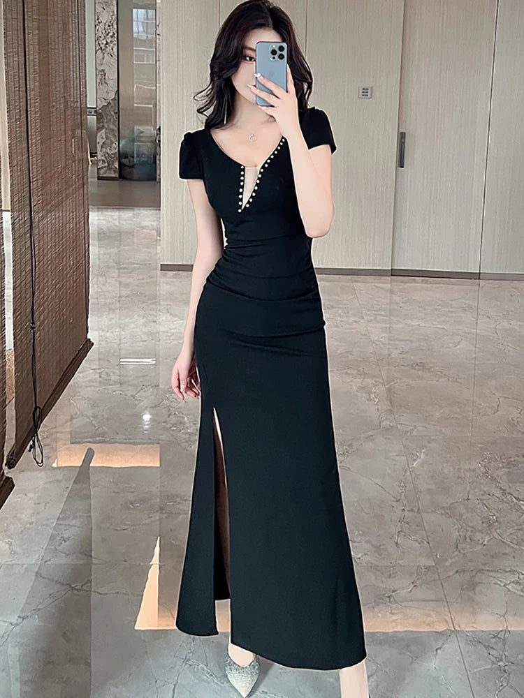 Lunivop  Summer Korean Vintage Hepburn Black Long Dress Gown Women Red Elegant Diamonds V-Neck Sexy Club Dress Fashion Chic Vestidos