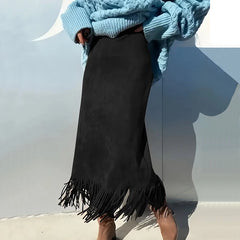 Lunivop  Retro Women's Suede Midi Skirt Daily Casual High Waisted Solid Colors Tassel Hem Skirts Fashion Street Autumn Winter Chic Outfit