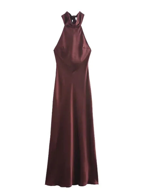Lunivop  Elegant Brown Satin Halter Lace Up Long Dress Sexy Off Shoulder Backless Sleeveless Bodycon Dresses Autumn New Lady Party Robe