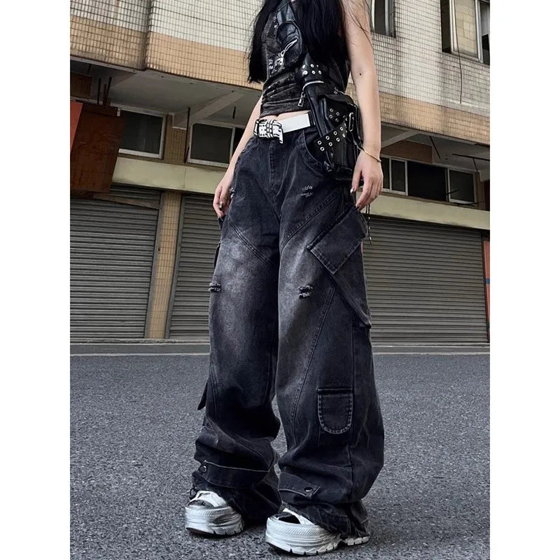 Lunivop Black Jeans Women American Style Y2K 90S Vintage High Waisted Jean Straight Trouser Streetwear Casual Loose Wide Leg Denim Pants