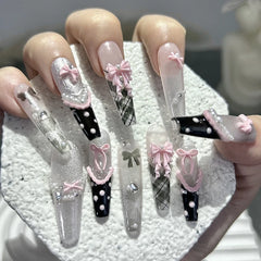 Lunivop  10PCS Y2K Black Pink French Handmade Press On Nails Cute Lace Ribbon Polka Dot Bow Long Nail Art Sweet Edgy Glitter Fake Nails