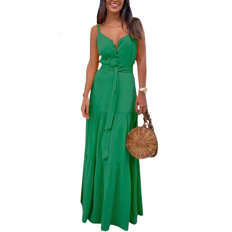 Lunivop  Woman Summer Style Spaghetti Strap Long Dress Lady Sleeveless Backless V-Neck Solid Color with Waist Slash Sundress