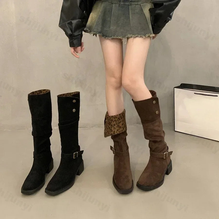 Lunivop Designer Leopard Pleated Knee Boots Woman Chunky Heel Pull-on Long Booties Ladies Fashion Buckle High Knight Botas De Mujer