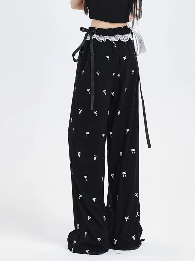 Lunivop  Bow Print Sweet Wide Leg Pant Women Loose Elegant Lace Patchwork Trousers Summer Vintage Cute High Waist Lady Casual Pants