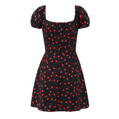 Lunivop  French Retro Black Print Bow Square Collar Short Elastic Puff Dress Women Zipper Back Slim Waist Slit Hem Mini Dresses Robe Blue