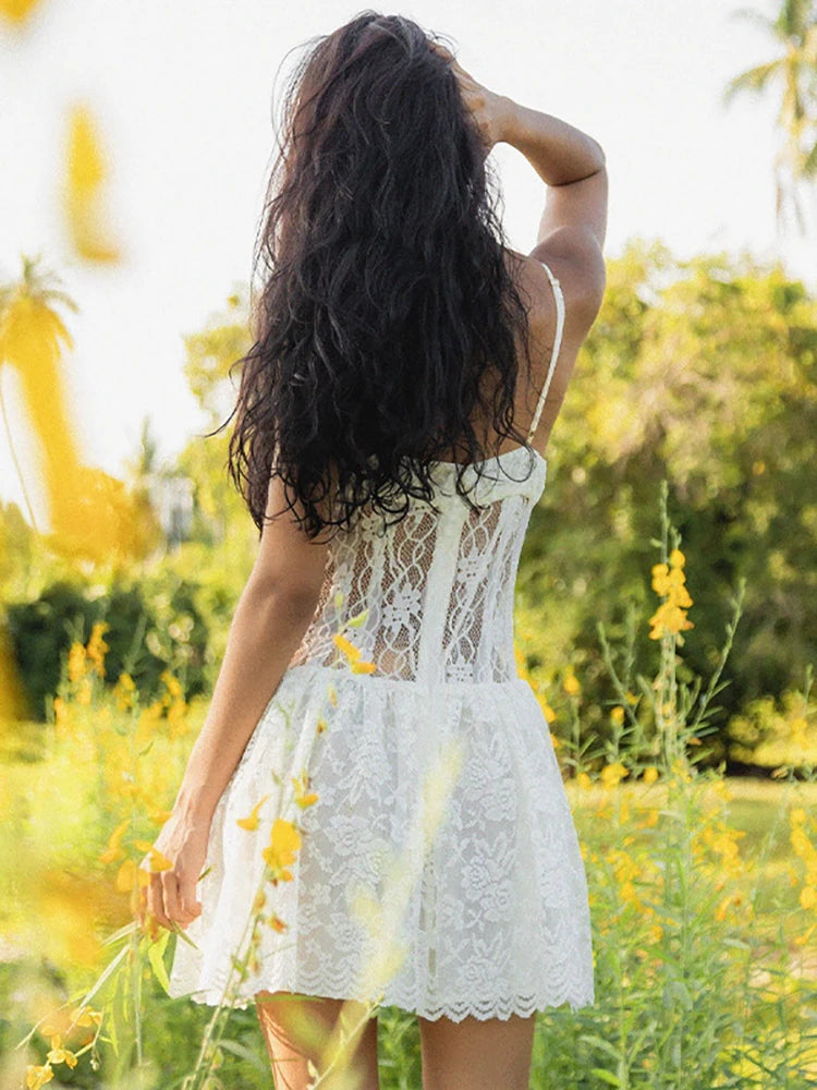 Lunivop Sexy See Through Lace Women Dress White Spaghetti Strap Printed Floral Dress Female Autumn Skinny Elegant Party Clubwear