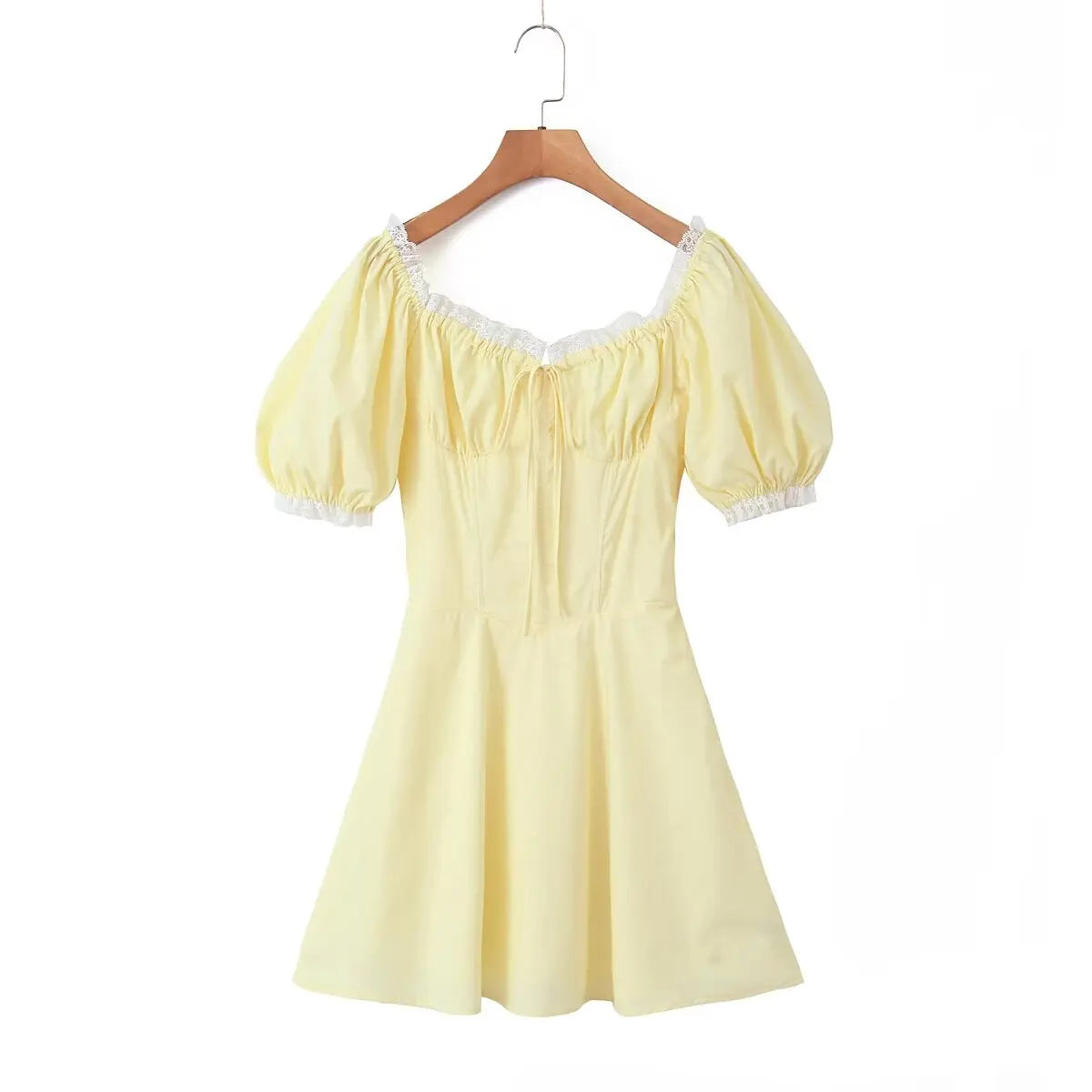 Lunivop  Sweet Yellow Splice Lace Bodycon Corset style Mini Dress Women Cross Lacing up Bandage Back Short Puff Sleeve Party Robe