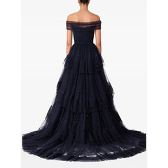 Lunivop  Ball Gown Prom Dresses Off The Shoulder Tulle Sequined Party Gowns for Women Formal Long Evening Dress