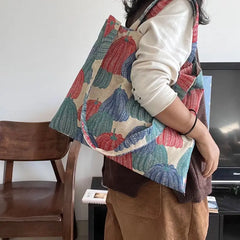 Lunivop  Retro Pumpkin Embroidery Tote Bag Women Jacquard Fabric Large Capacity Shoulder Bag Ladies Everyday Casual Crossbody Bag