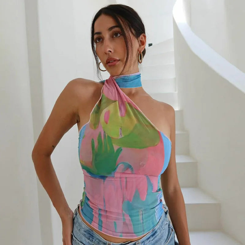 Lunivop Tie Dye Print Halter Cami Tops Y2K Streetwear 2024 New Vacation Outfits Fashion Summer Casual Women Clothing