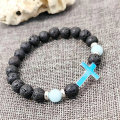 Lunivop New Fashion Vintage Luminous Cross Volcano Stone Beaded Bracelet for Women Men Niche Design Hiphop Party Jewelry Gifts