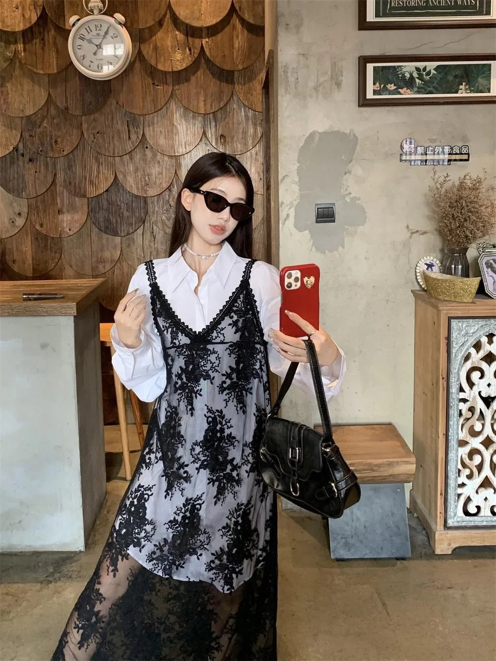 Lunivop  Transparent Black Lace One-piece Dress Women Spring Summer V-neck Sleeveless Dress Korean Style Fashion Ladies Midi Slip Dress N