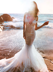 Lunivop Sparkle V Neck Sequined Spaghetti Straps Tulle Mermaid Wedding Dresses For Brides Sexy Backless Long Bridal Gowns Robe De Mariee