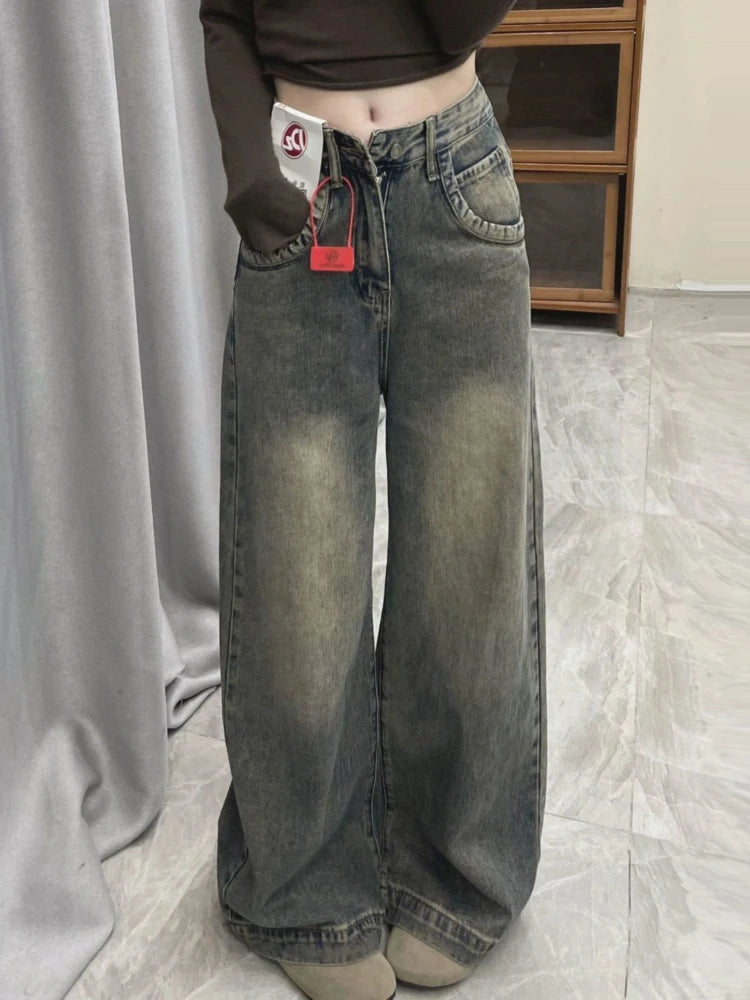 Lunivop American Vintage High Waist Wide Leg Jeans Women Washed Straight Baggy Denim Pants Basic Casual Trousers Autumn New