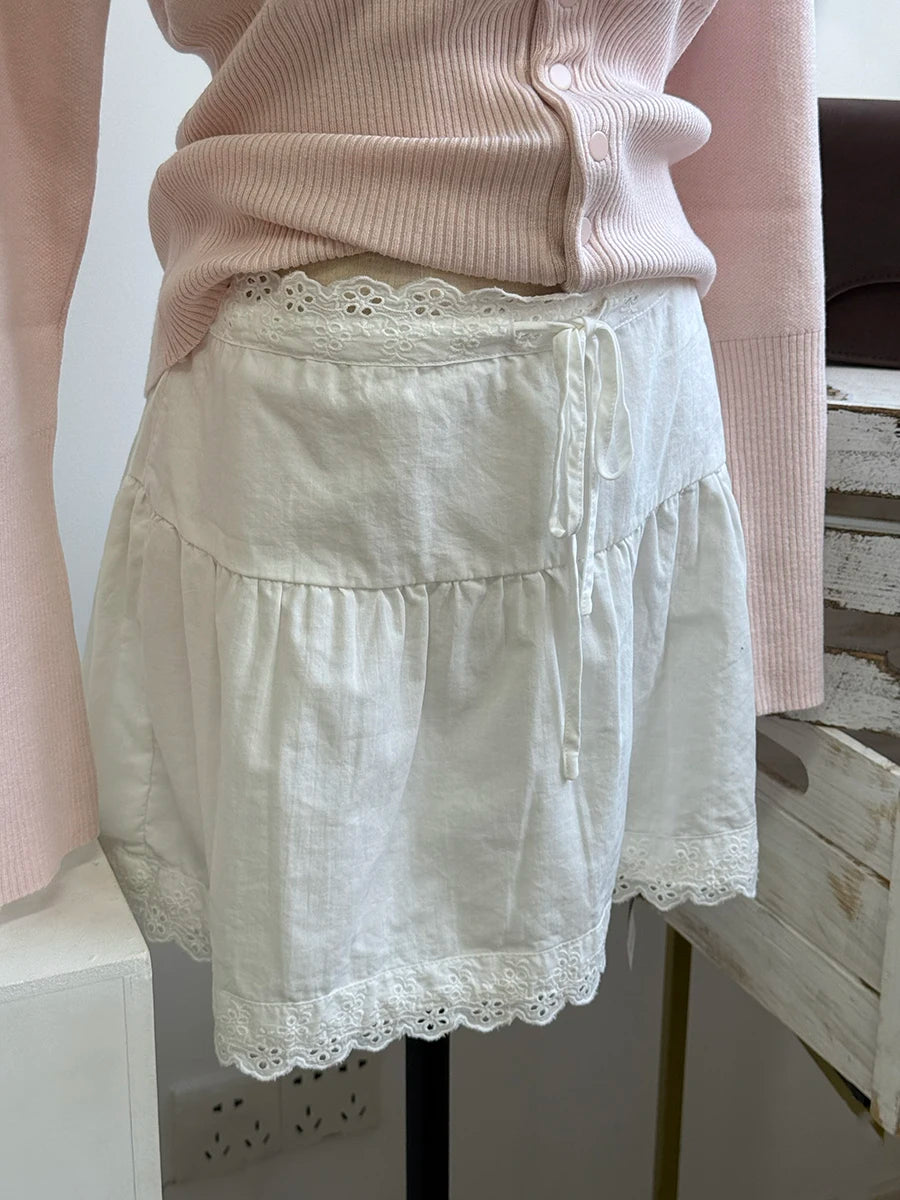 Lunivop  Lace Trim A-line Shirks Women New Cotton High Waist Elastic Ruffles Hem Sweet Mini Skirts Vintage Cute Streetwear Chic Falda