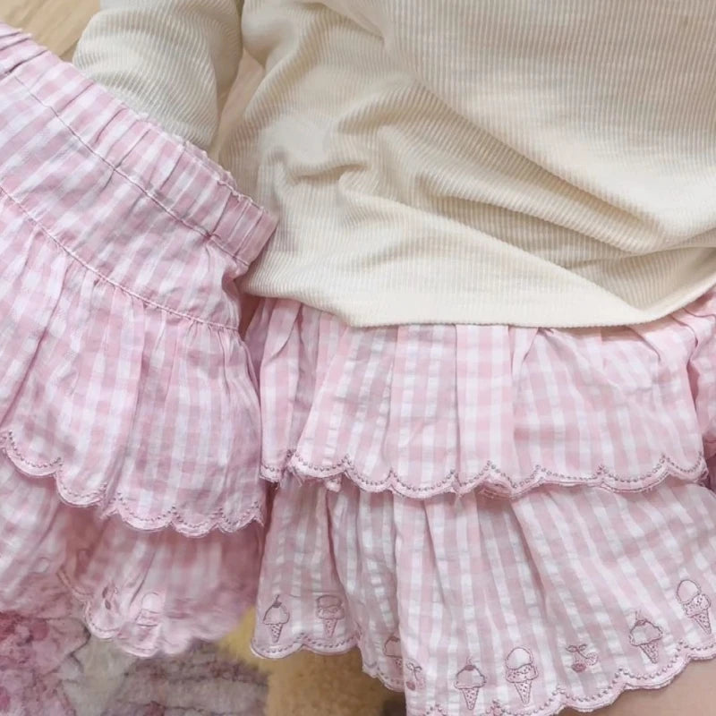 Lunivop Japanese Style Kawaii Mini Skirt Women Sweet Harajuku Lolita Plaid Skirts Pink Y2k Cutecore Summer A-line Ruffle Skirts