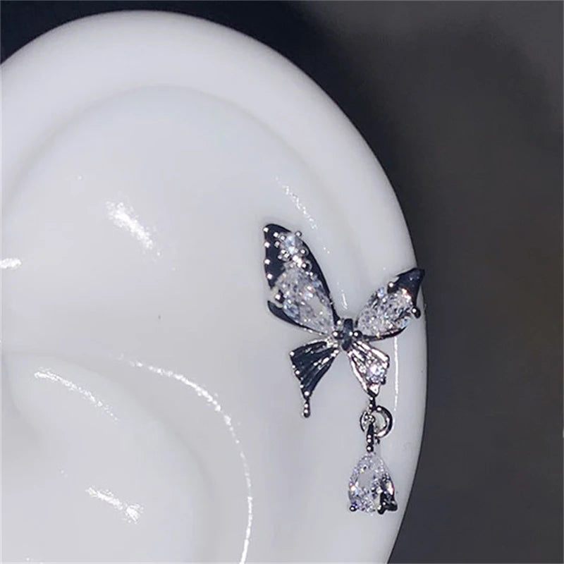 Lunivop Shiny Hollow Silver Color Rhinestone Butterfly 316L Stainless Steel Ear Bone Nail Delicate Waterproof Small Earrings for Women