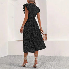 Lunivop  Women's Polka Dot Midi Dress - Deep V Neck Puff Sleeve Split Casual Dress