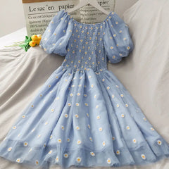 Lunivop  Sweet Fresh Folds Lolita Summer Patchwork Slash Neck Printing Gauze Fashion Slim Elegant Comfortable Puff Sleeve Dresses  the dress black dress white dress