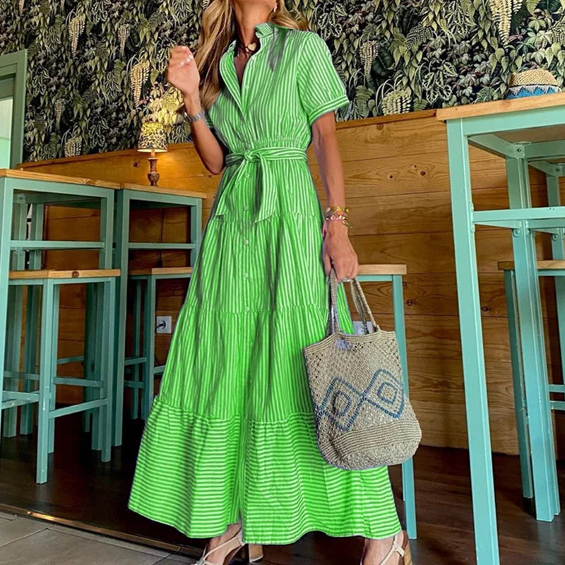 Lunivop  Women Summer Shirt Style Long Dress Retro Short Sleeve Single Breasted Sashes Striped Elegant Women's Long Streetwear